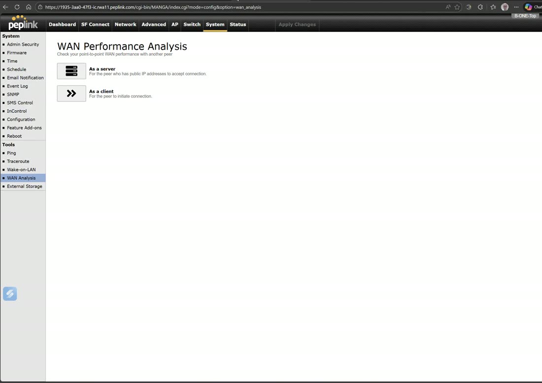 Ping, traceroute, wake-on-LAN, and WAN analysis under System tools.