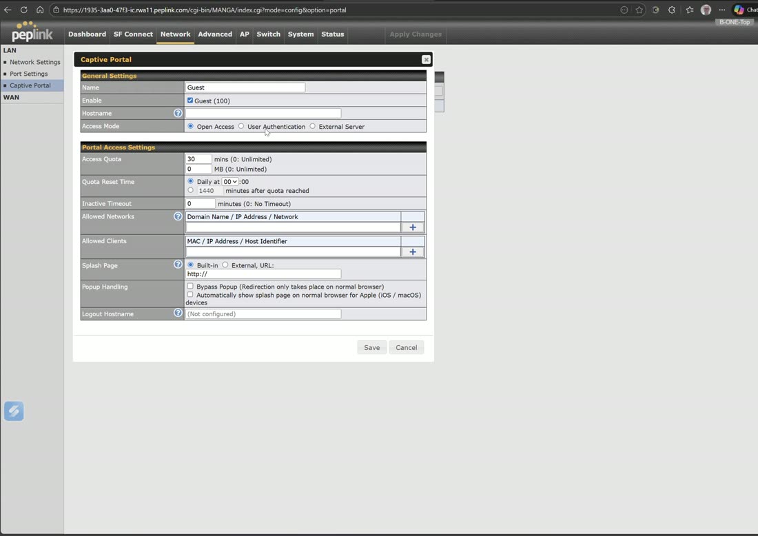 Enabling a captive portal on the guest VLAN — open, authenticated (LDAP/RADIUS), or external server.