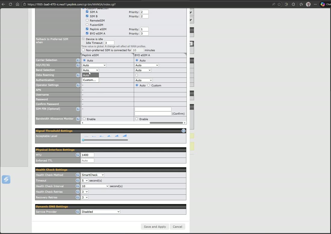 Network mode (5G SA/NSA, LTE) and manual band selection.