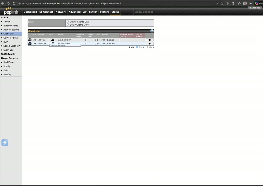 Client list — every connected device with IP, MAC, and the port/VLAN it is on.