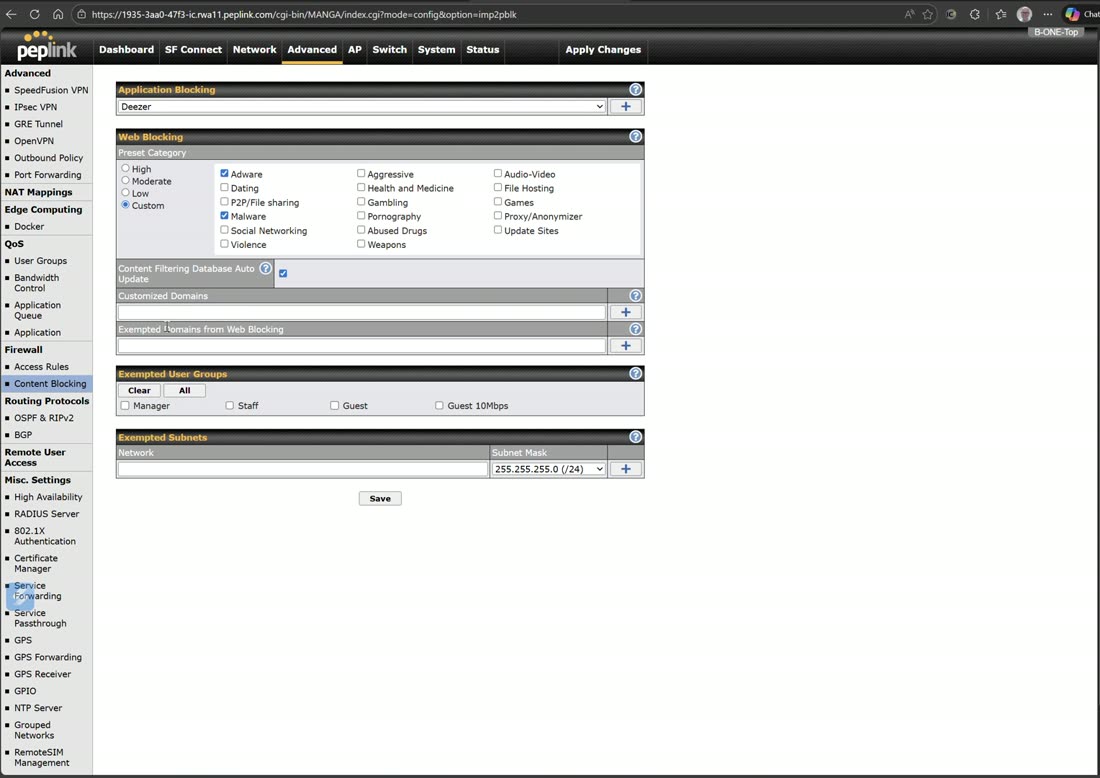 Content blocking — adware/malware, applications, custom domains, with per-group exemptions.