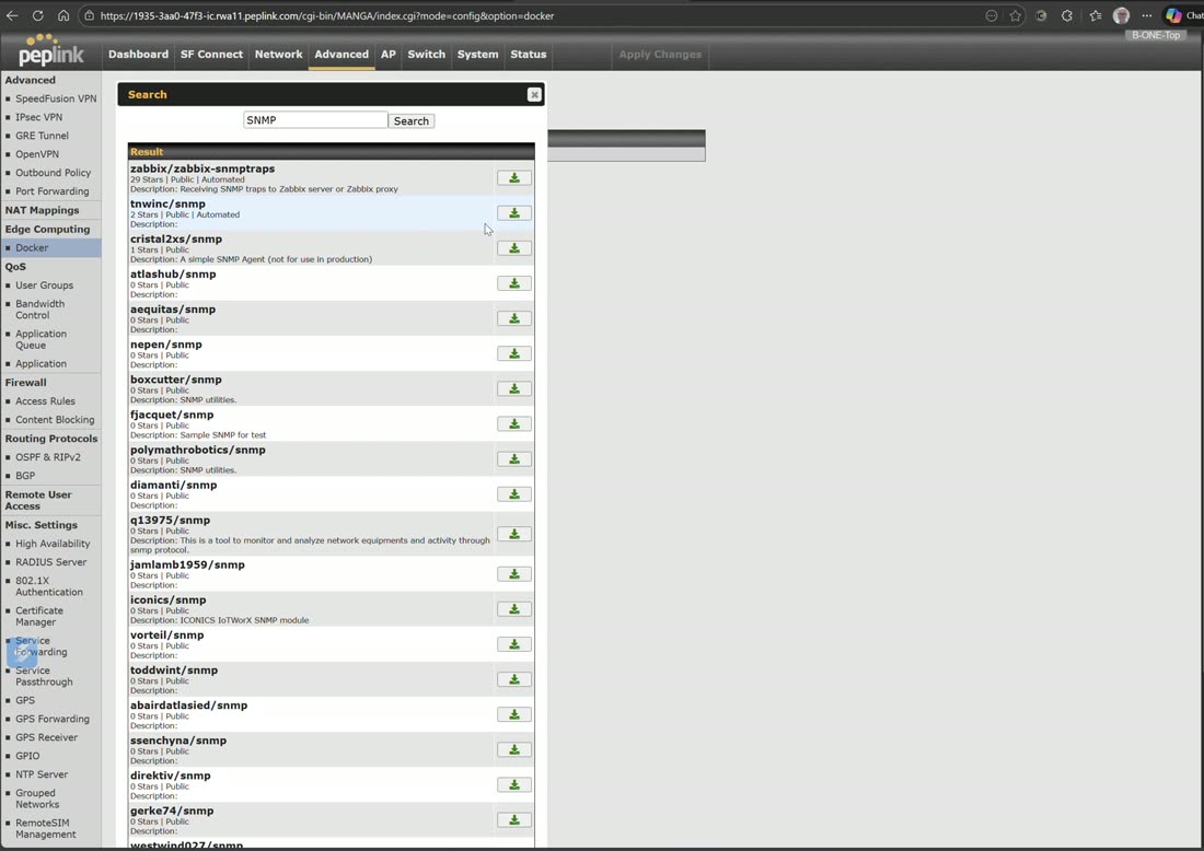 Searching, pulling, and running Docker images on the router.