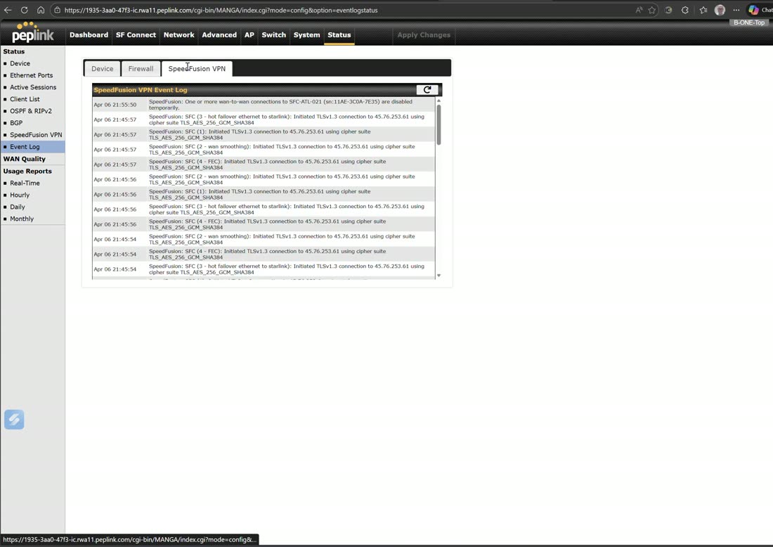 Event log — device, firewall, and SpeedFusion events.