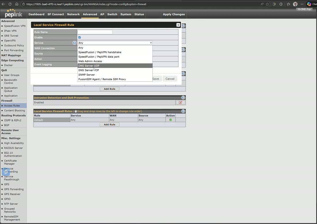 Local-service firewall rules control access to the router's own services.