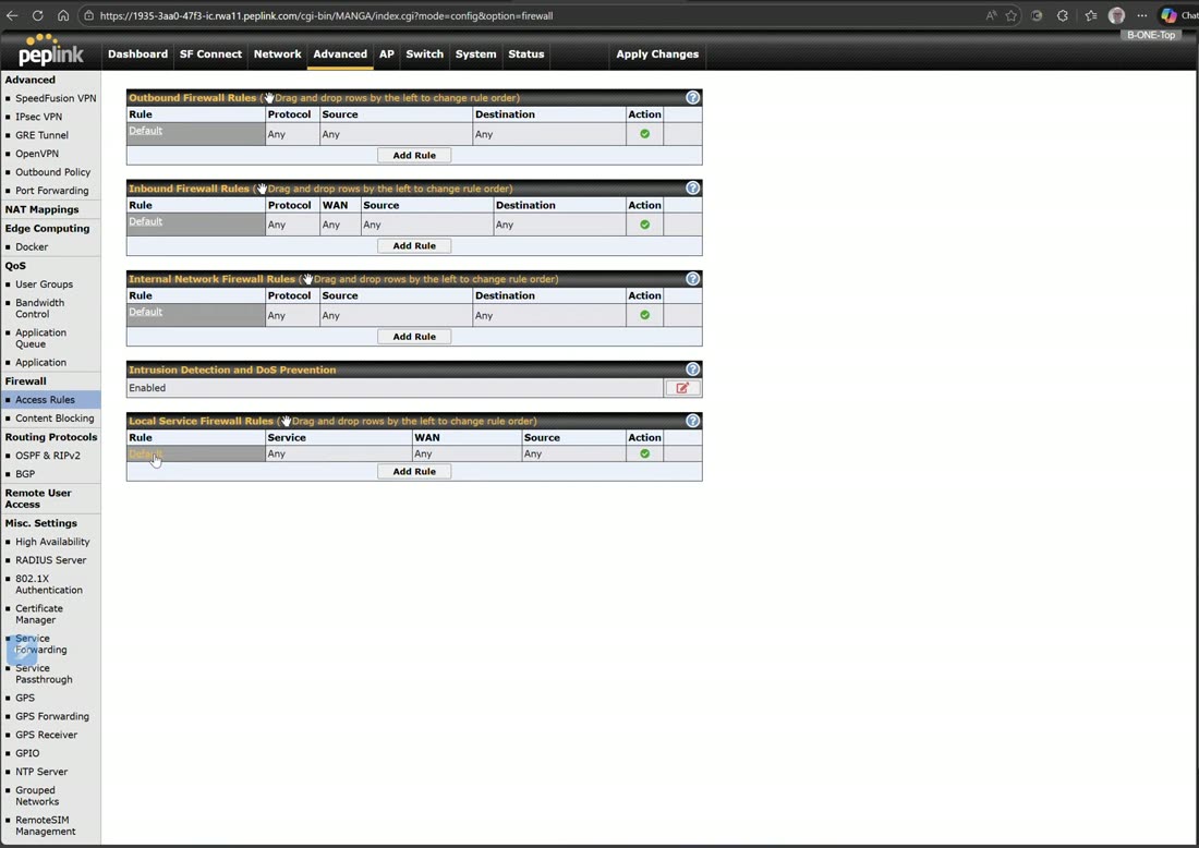Firewall rule groups — outbound, inbound, internal, plus intrusion detection.