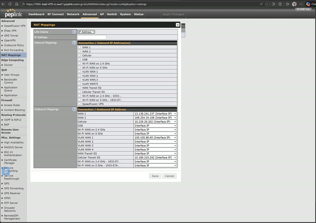 NAT mappings tie a specific public IP (from a routed block) to an internal host.