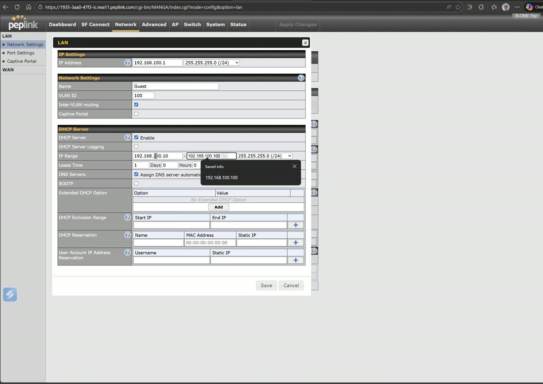 Creating a VLAN with its subnet, VLAN ID, and DHCP pool.