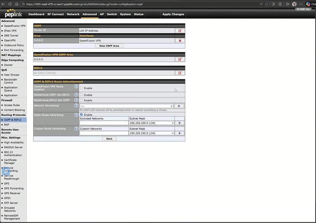 OSPF over SpeedFusion — area config, route isolation, and selective network advertising.