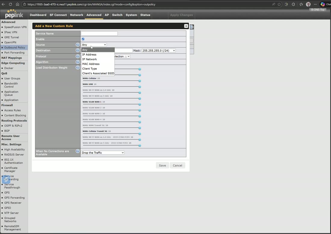 An outbound-policy rule: match the POS source and assign it a priority path.
