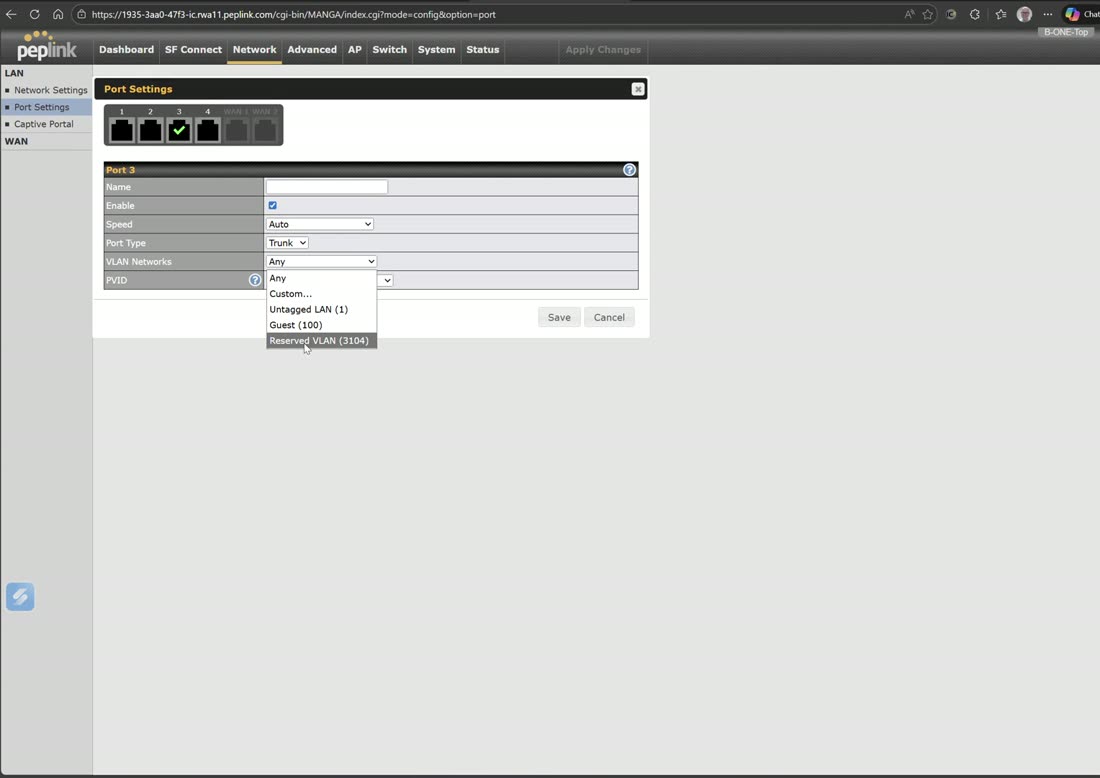 Port settings — trunk multiple VLANs or set an access port, with PVID and LACP.