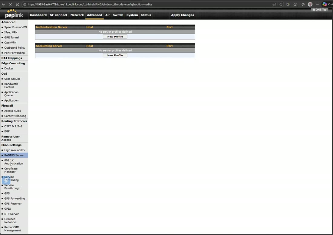 RADIUS server settings for 802.1X on LAN ports and WPA-Enterprise SSIDs.