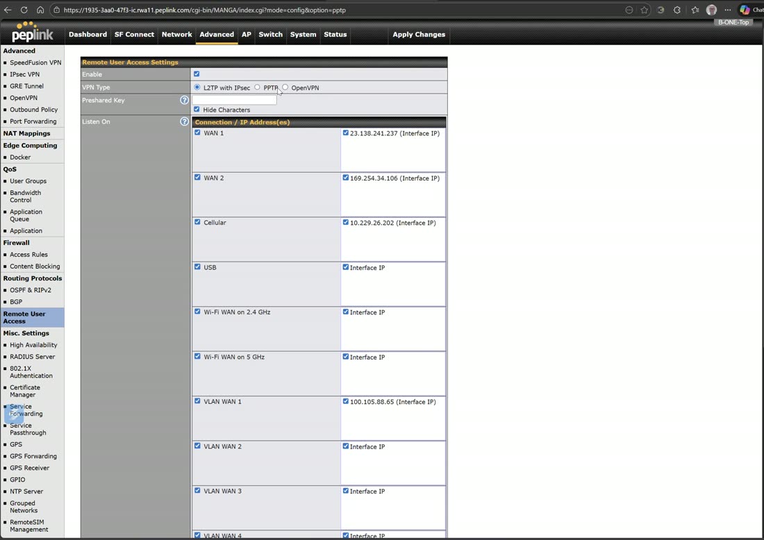 Remote user VPN — L2TP/IPsec and OpenVPN, with LDAP/RADIUS/local auth.
