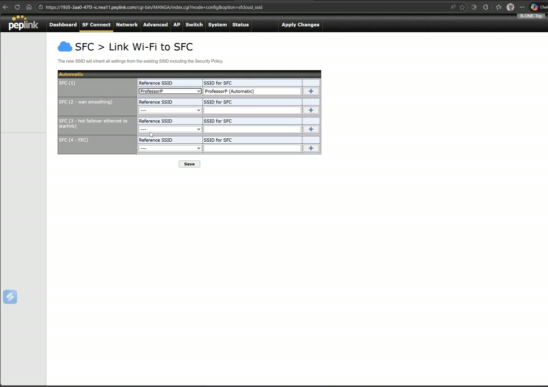 Route by SSID — connect to 'Professor P Bonding' for aggregation or 'Professor P FEC' for forward error correction.
