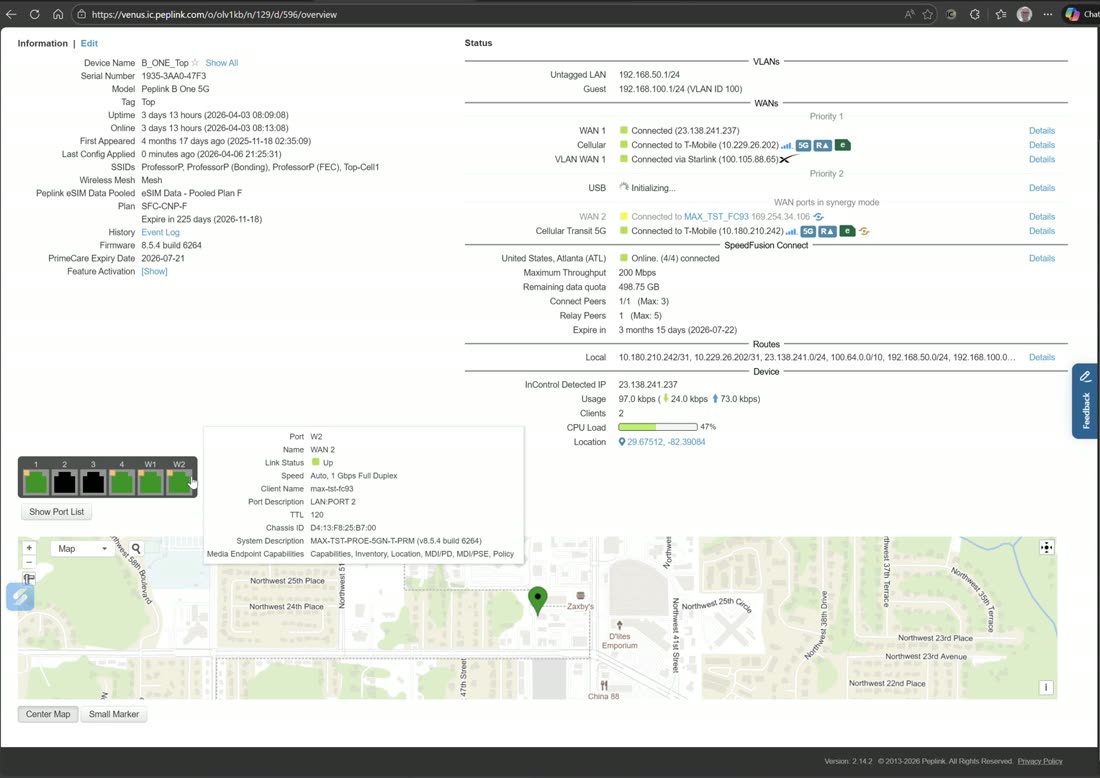 Starlink details surfaced in InControl — reboot, stow, and full dish telemetry.