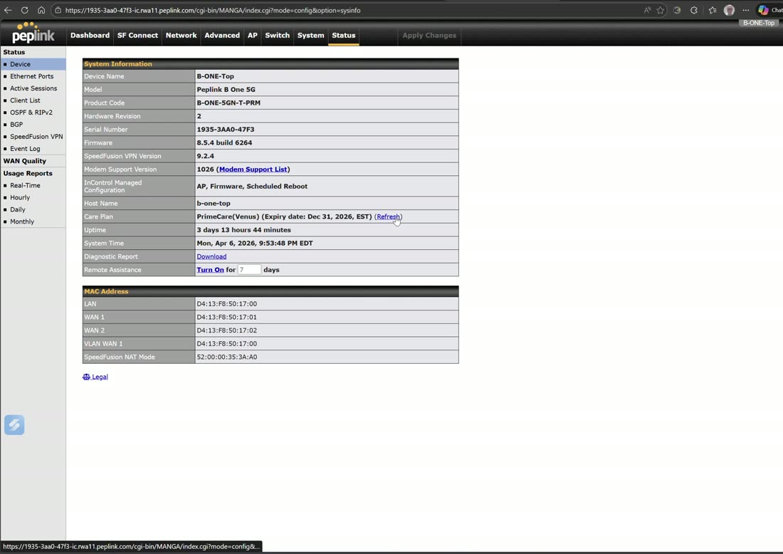 Device status — diagnostic report, remote assistance, care plan, modem list.