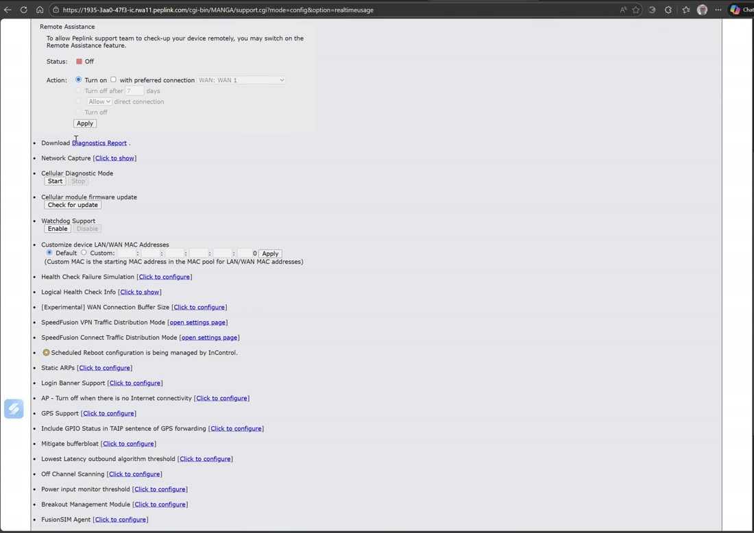 The support.cgi advanced menu — LAN/WAN details, network capture, cellular firmware, watchdog, and more.