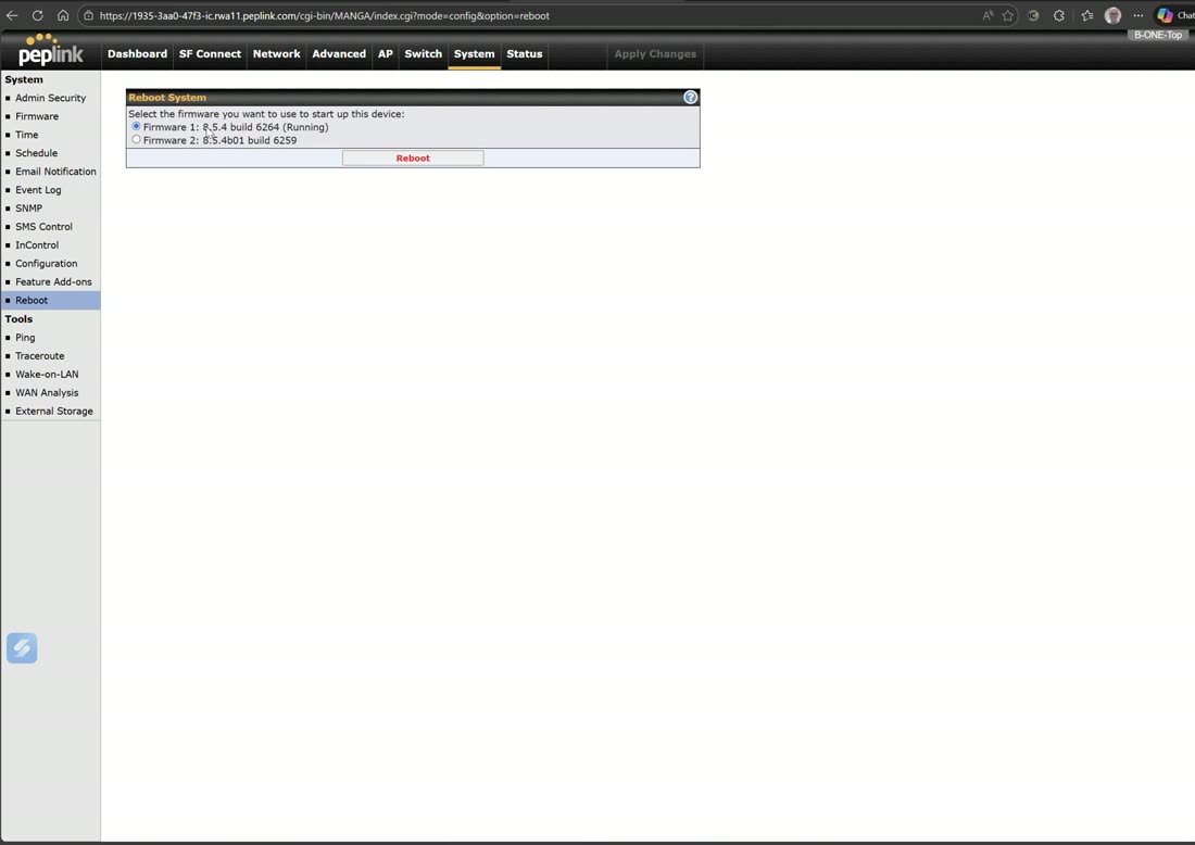 Firmware — the router stores two images so you can roll back.