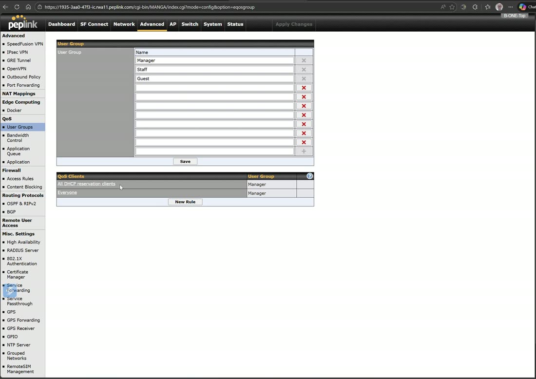 User groups — the default Manager/Staff/Guest, now expandable to ten, with rules by client type.