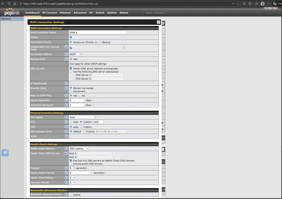 Ethernet WAN settings — enabled, always-on / independent from backup WANs.