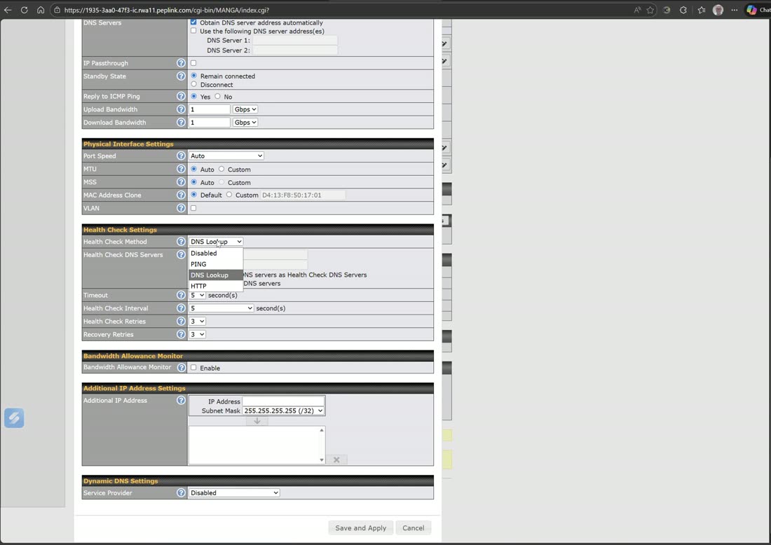 Per-WAN health check: Ping, DNS, or HTTP (plus Smart Check on cellular).