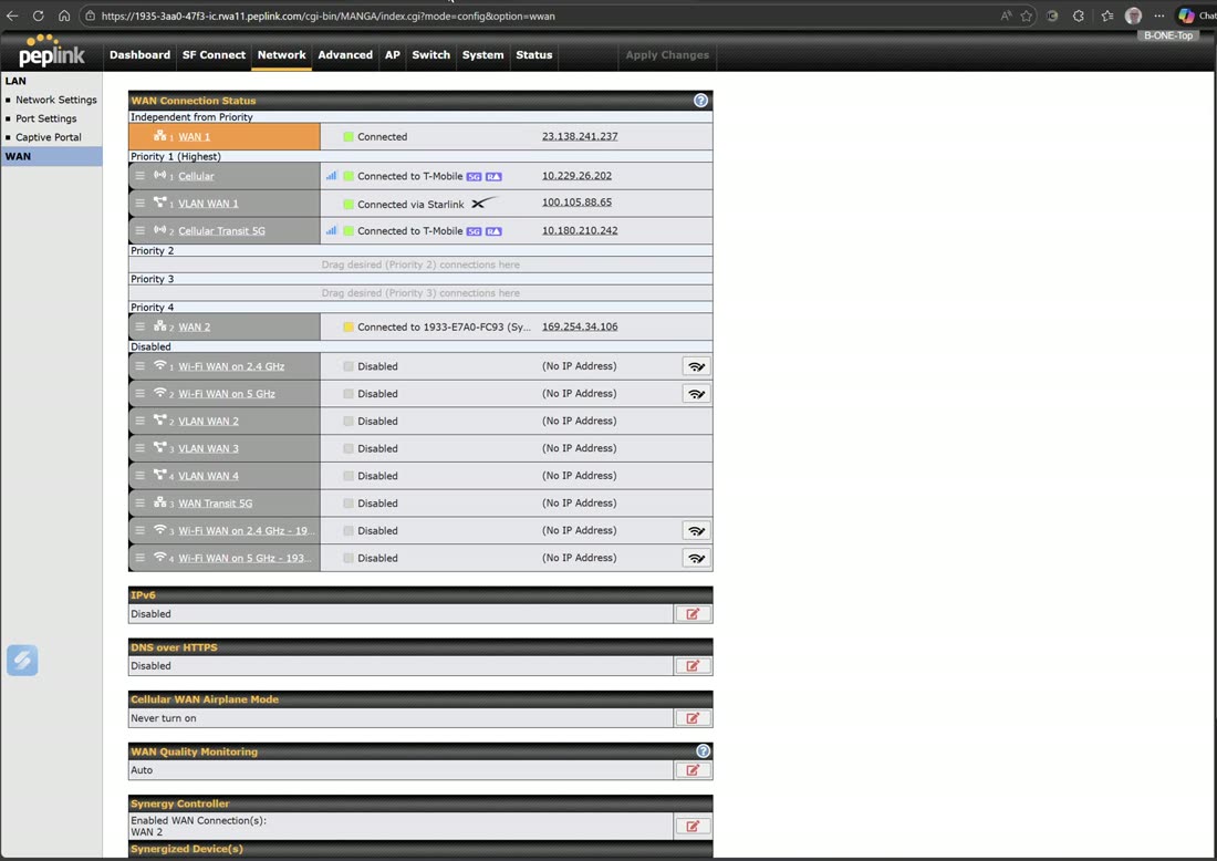 WAN priority plus advanced features: IPv6, DNS-over-HTTPS, WAN quality monitoring, Synergy Mode.