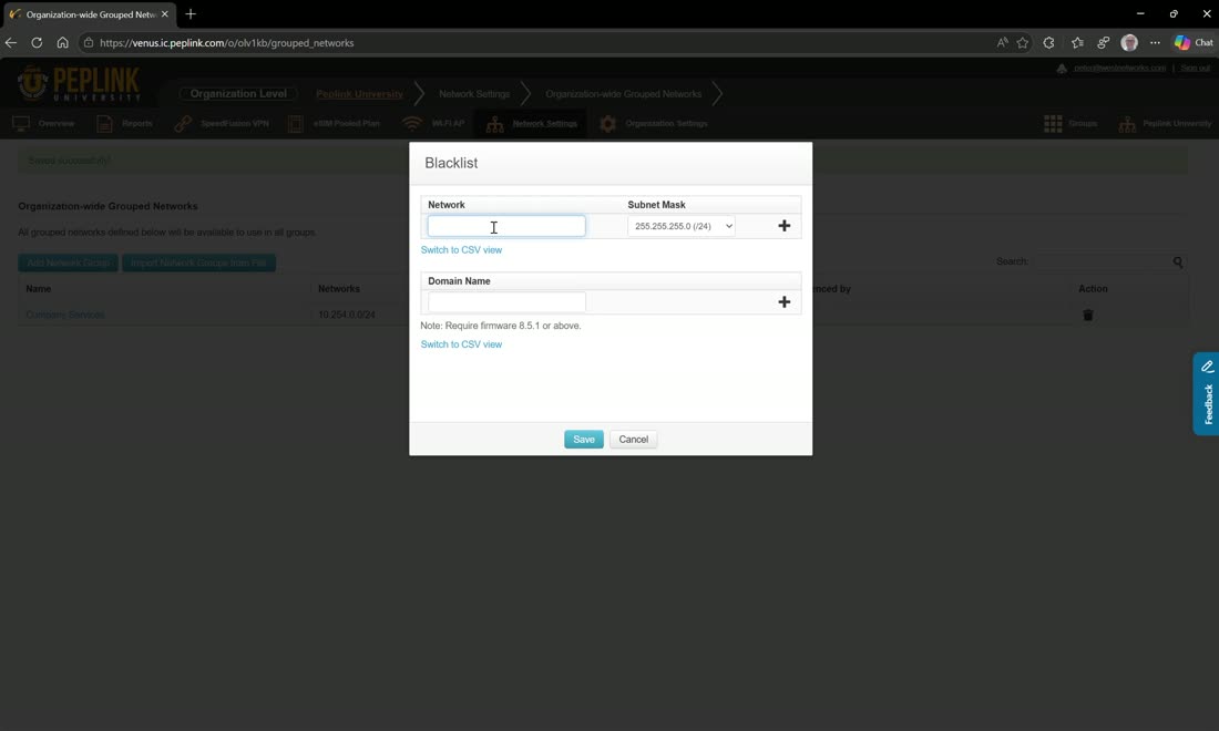 A shared blacklist grouped network for use in firewall/outbound policy.