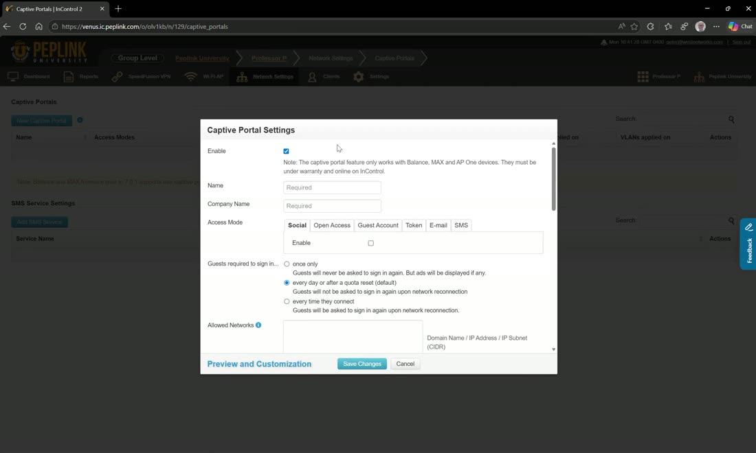 Captive portals — social/open/guest-account/token/email auth, custom branding, assigned to SSIDs or VLANs.