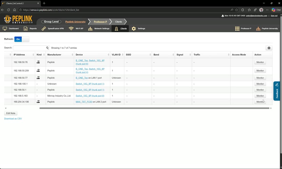 Clients — thanks to LLDP, the exact switch/router port each device is on.