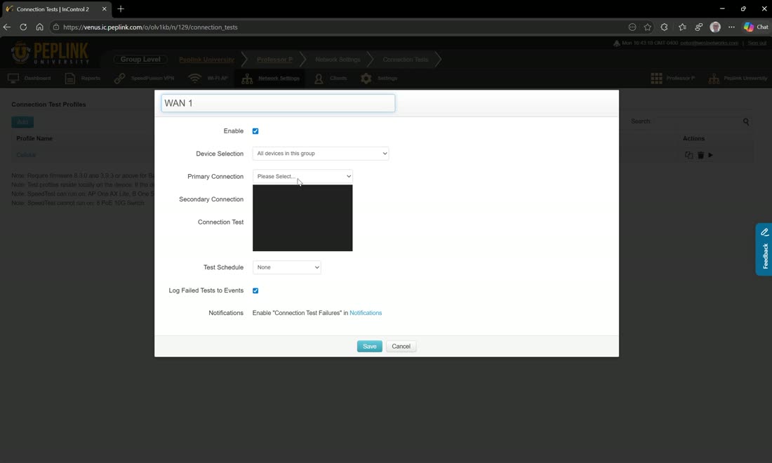 Scheduled connection/speed tests — e.g. every morning at 7am, results in Connection Test Reports.