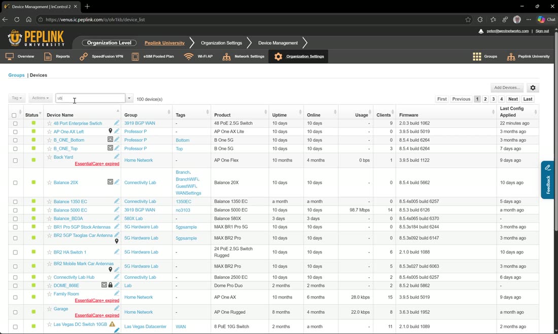 Device Management — every device in the org, searchable, with firmware and location.