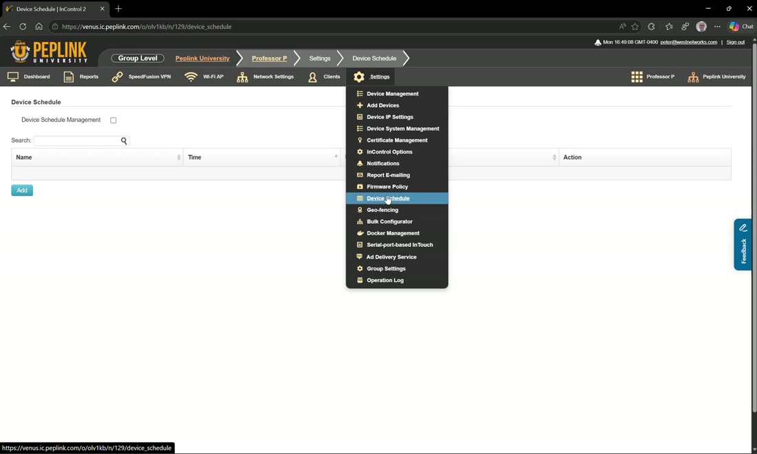 Device schedules — apply to Wi-Fi SSIDs, ports, and reboots (e.g. work hours).