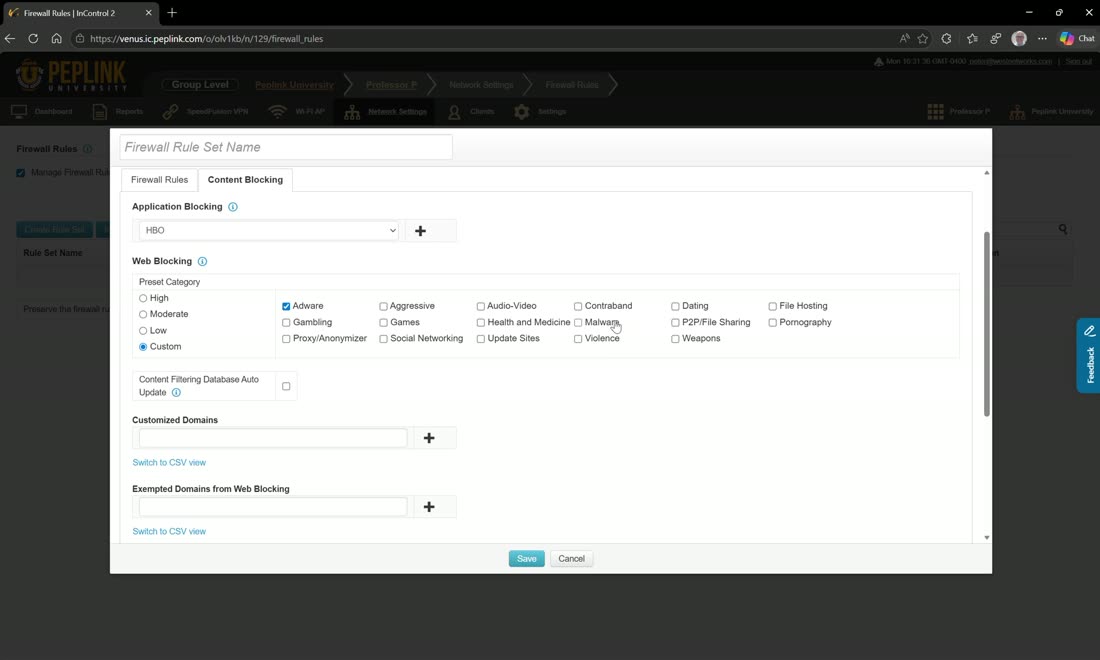 Content & application blocking — block apps (e.g. HBO), adware/malware, custom domains, with exemptions and URL logging.