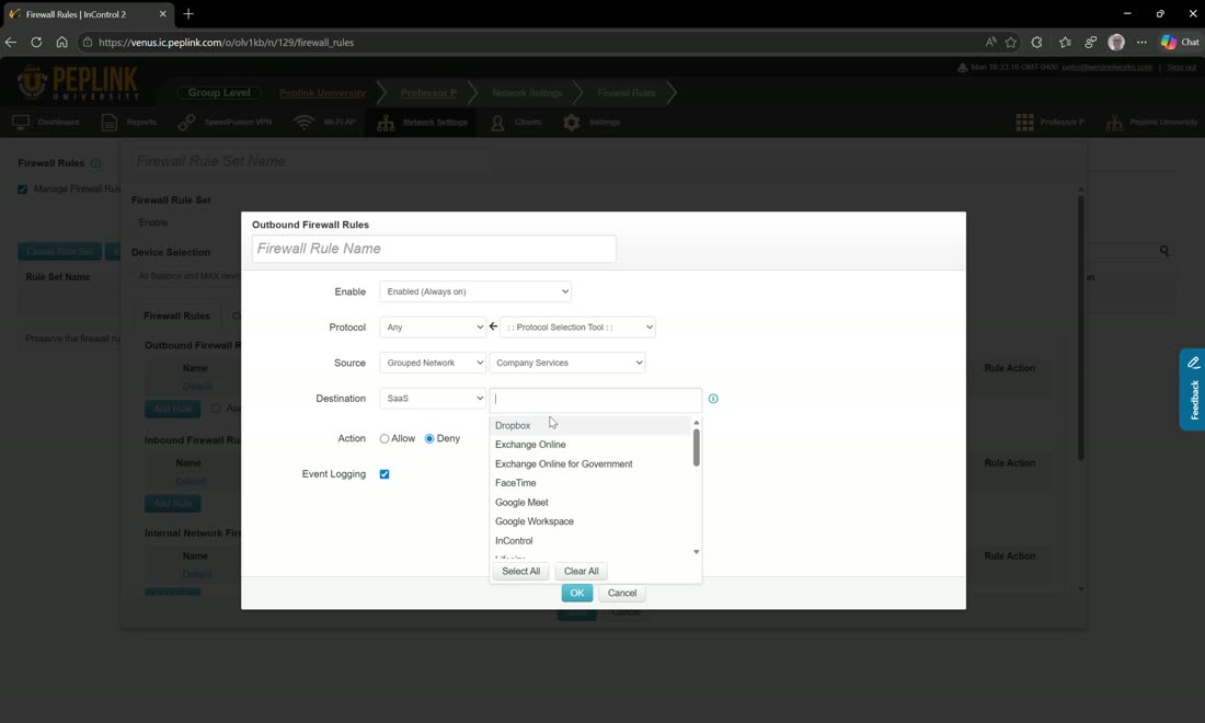 SaaS- and region-based firewall rules using grouped networks — e.g. block a whole region, or company-services to a blacklist.