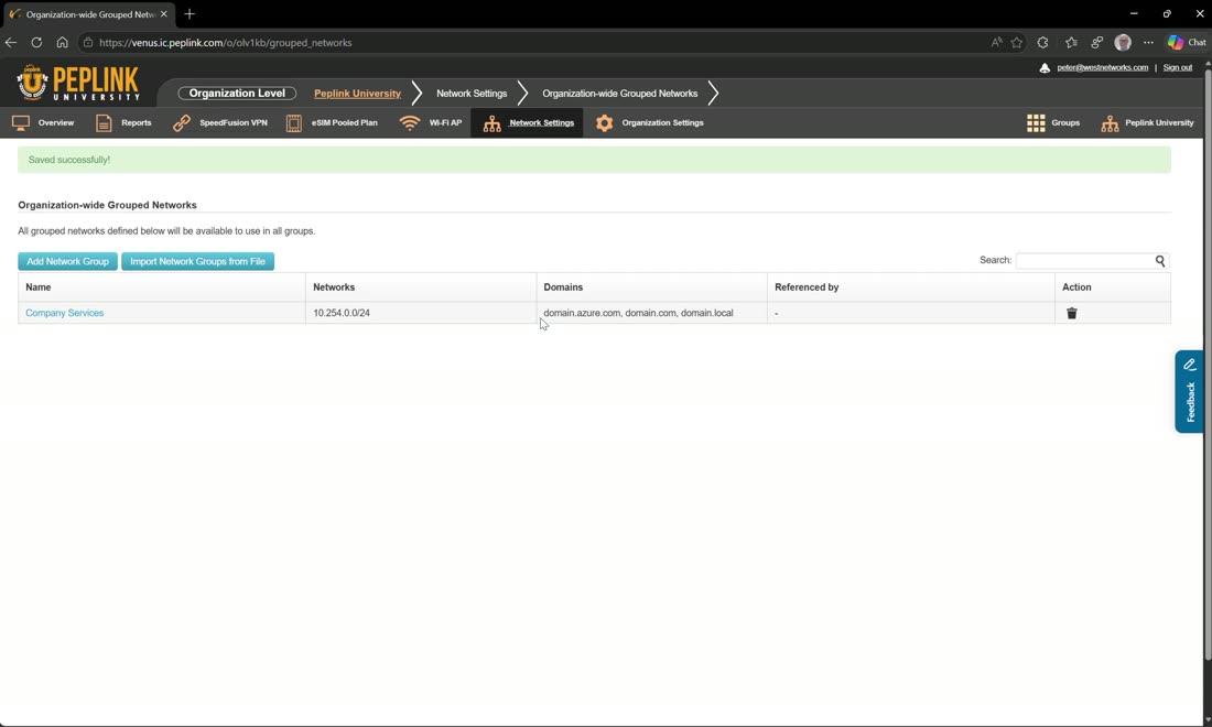 Org-level grouped networks — reusable lists of networks/domains for firewall and outbound rules.
