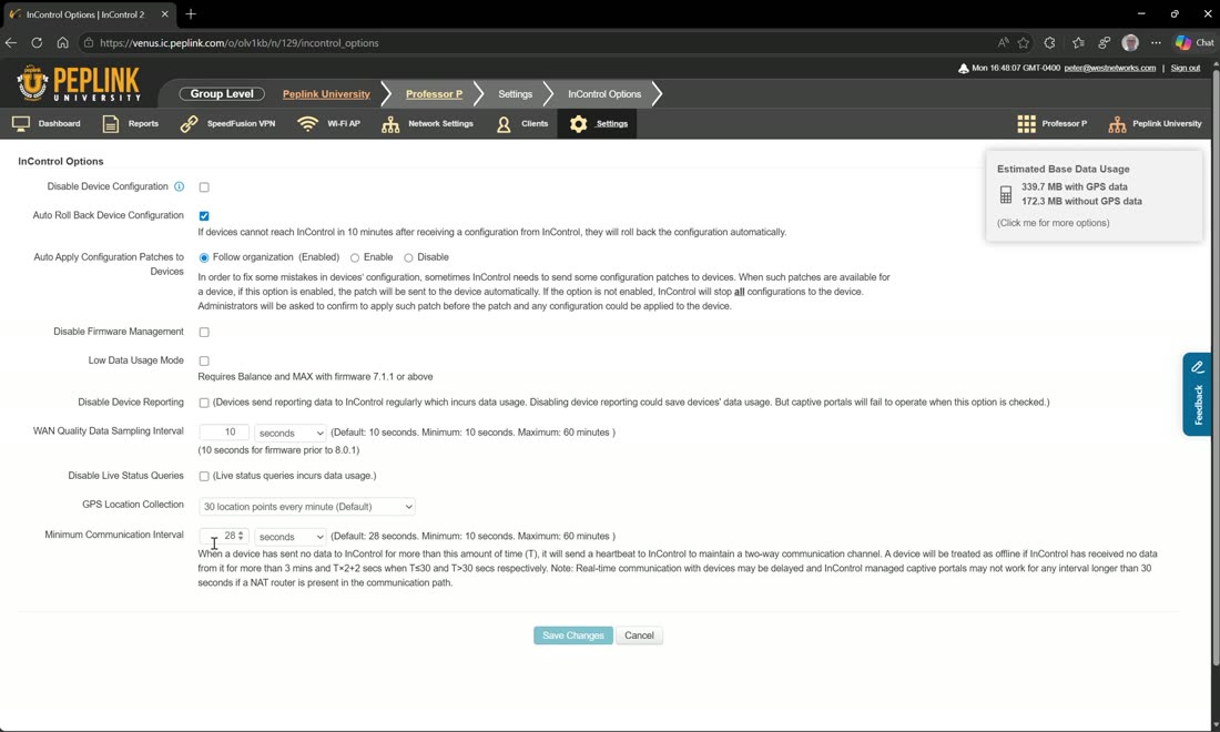 InControl options — config auto-rollback, patches, and low-data-usage mode.