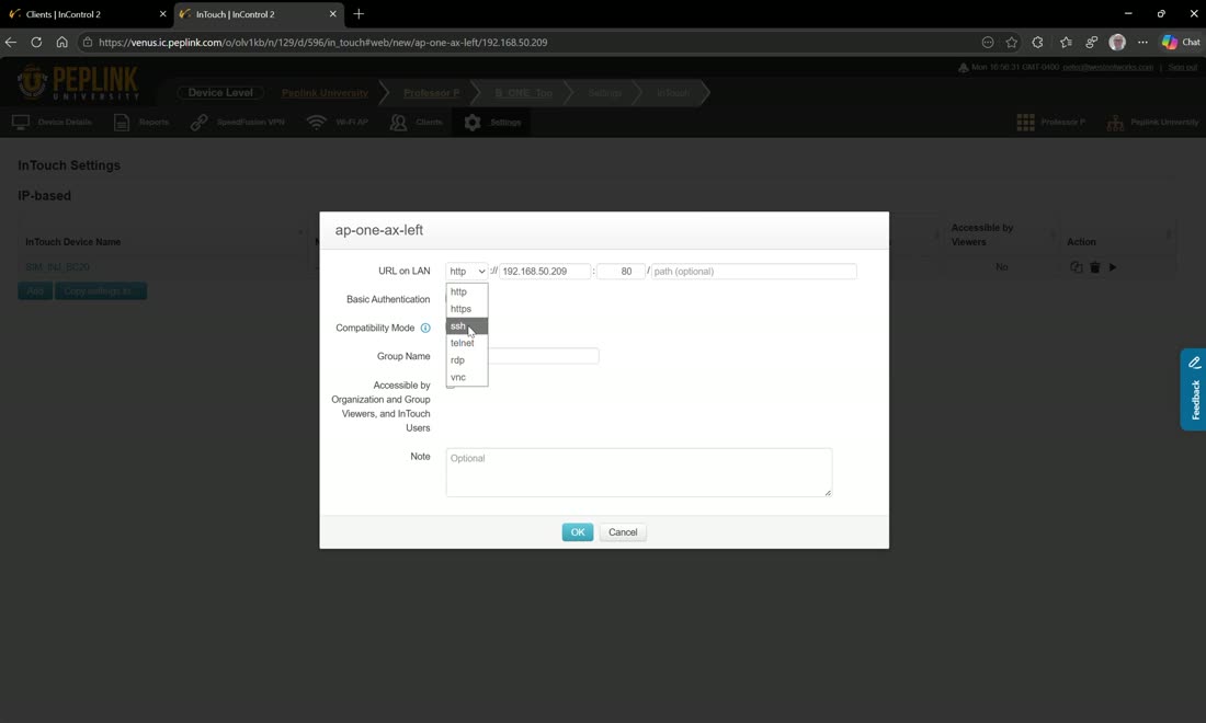 InTouch to a downstream device — HTTPS, SSH, Telnet, RDP, or VNC through the router.