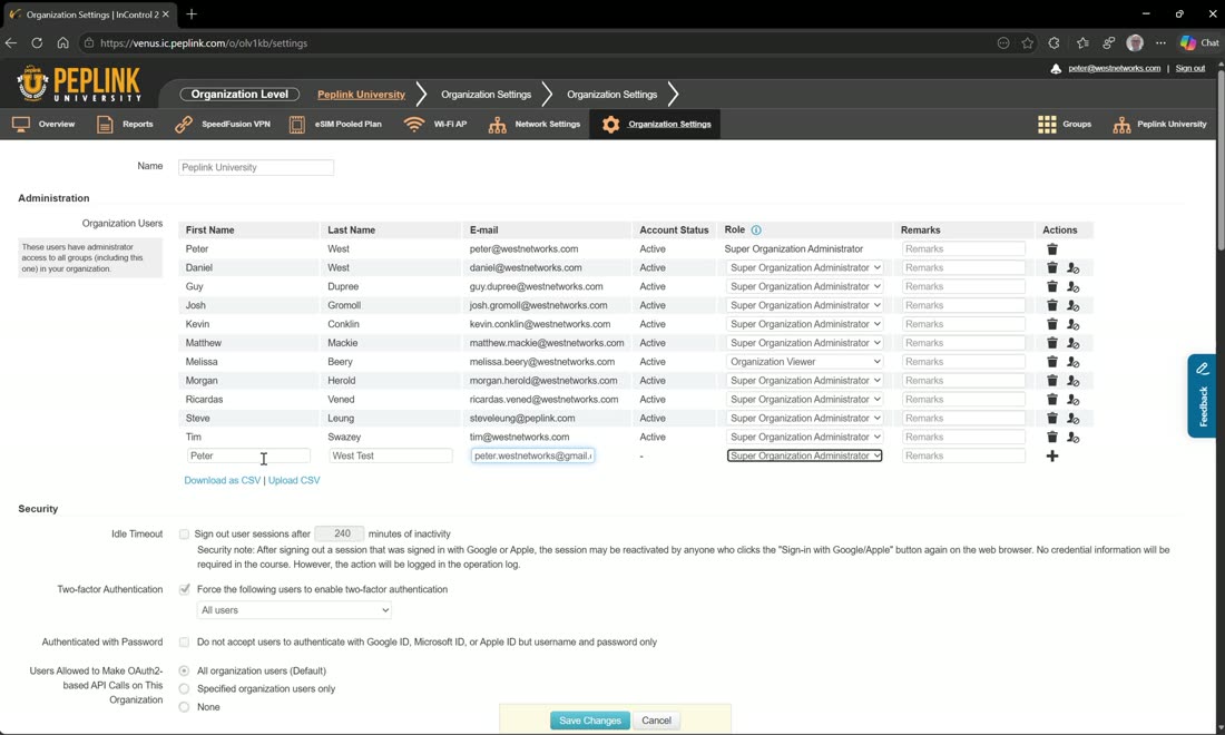 Inviting a user to the organization and setting their permissions.