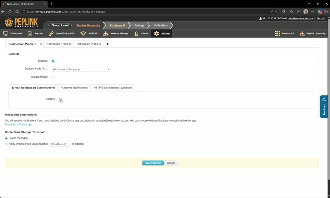 Notification profiles — multiple profiles, each scoped by tag, with per-event settings.