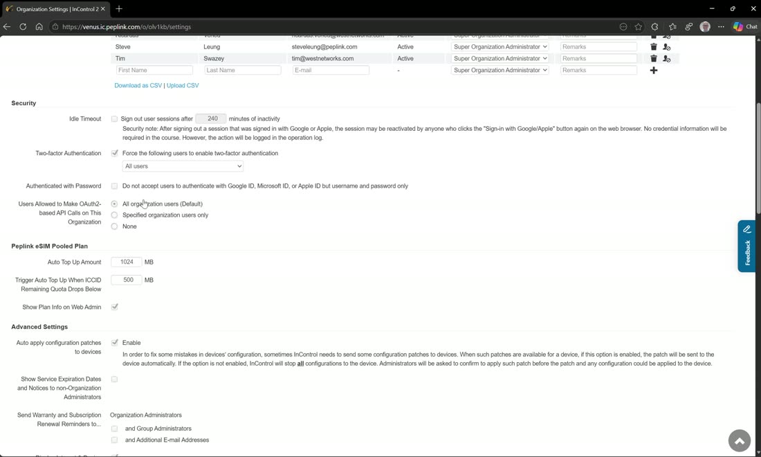 Org-wide requirements — sign-out timeout, forced 2FA, allowed identity providers, API access.