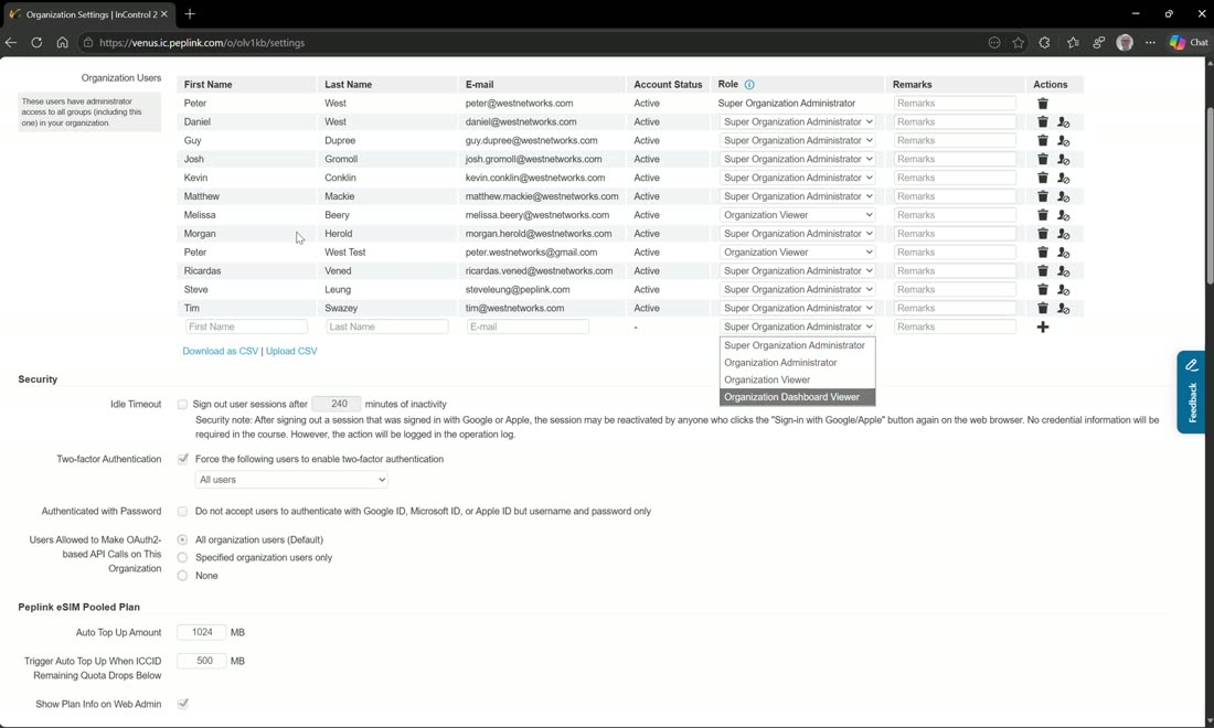 Organization Settings — users and roles (super-admin, admin, viewer, dashboard viewer).