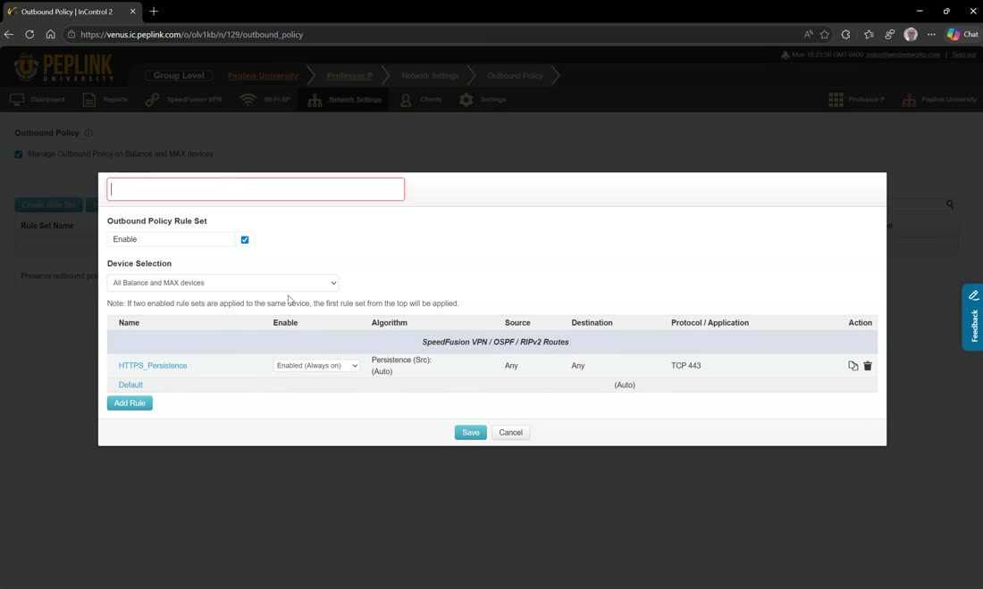 Create an outbound rule set and assign it to any/all/none devices by tag; import from a configured router.
