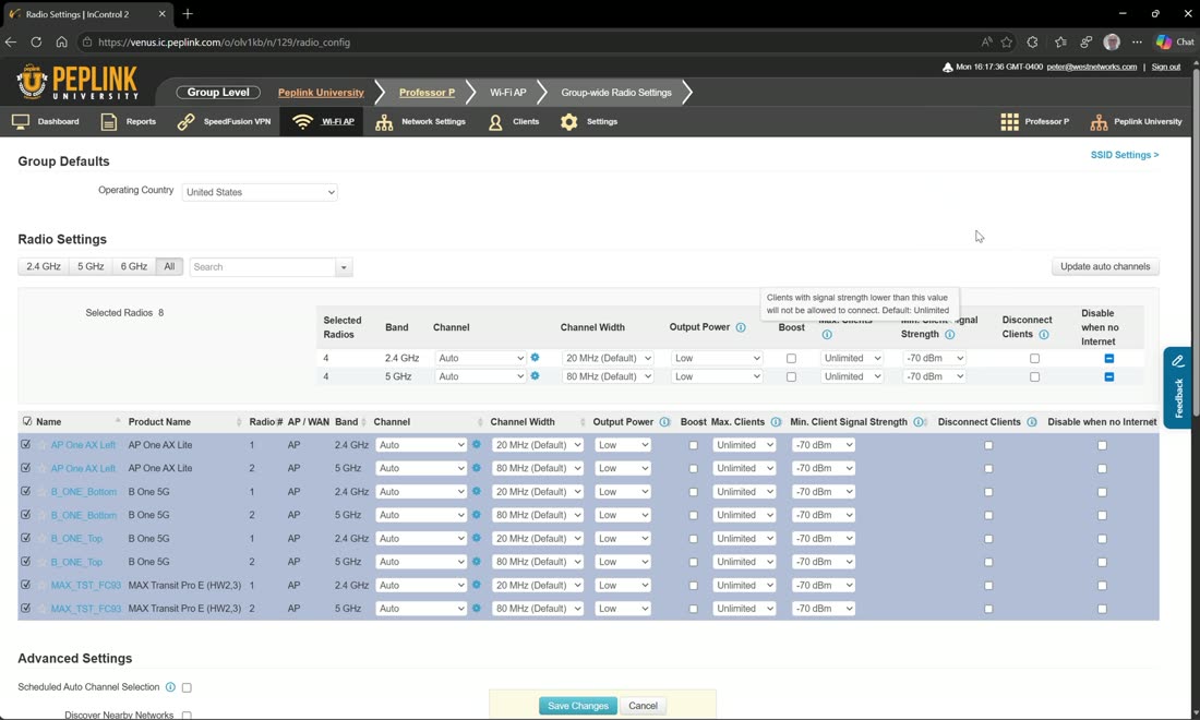 Group radio settings — channel width, output power, max clients, roaming signal thresholds.
