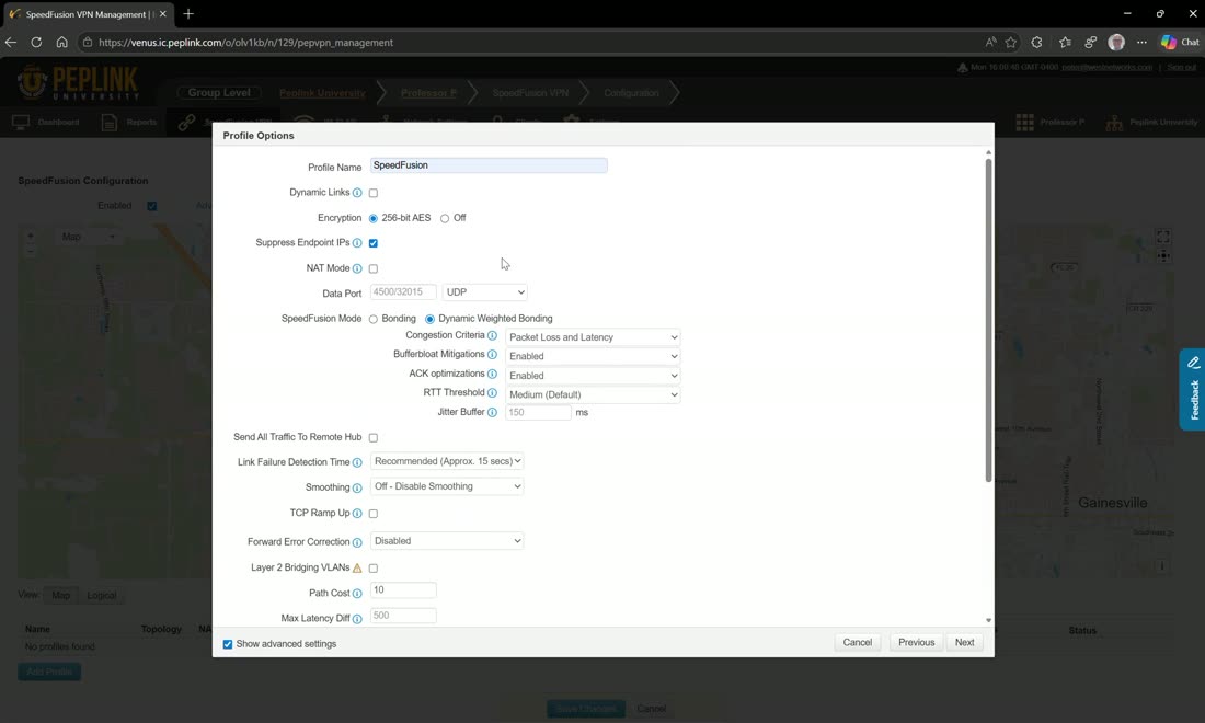 Advanced settings — DWB/bonding profile, send-all-to-hub, link failure detection.
