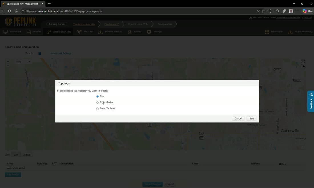 InControl SpeedFusion — add a profile, choose full-mesh or point-to-point, and pick hub and peer routers.