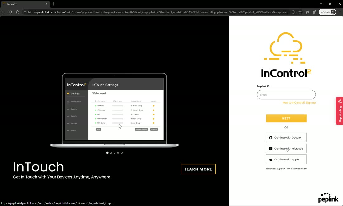 Sign in with Google, Microsoft, or Apple, or create a new InControl account.