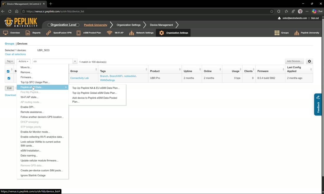 Tag & Action — tag devices and run bulk actions (move, firmware, top-up, eSIM, remote assistance).