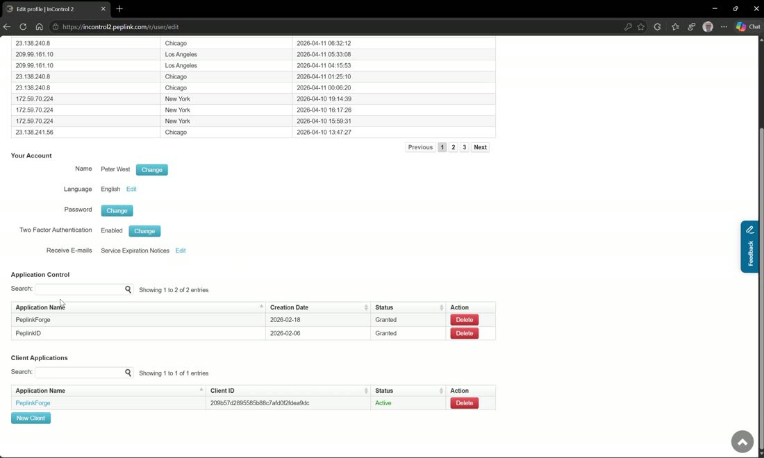 User profile — login attempts, language, password, two-factor authentication, and email preferences.