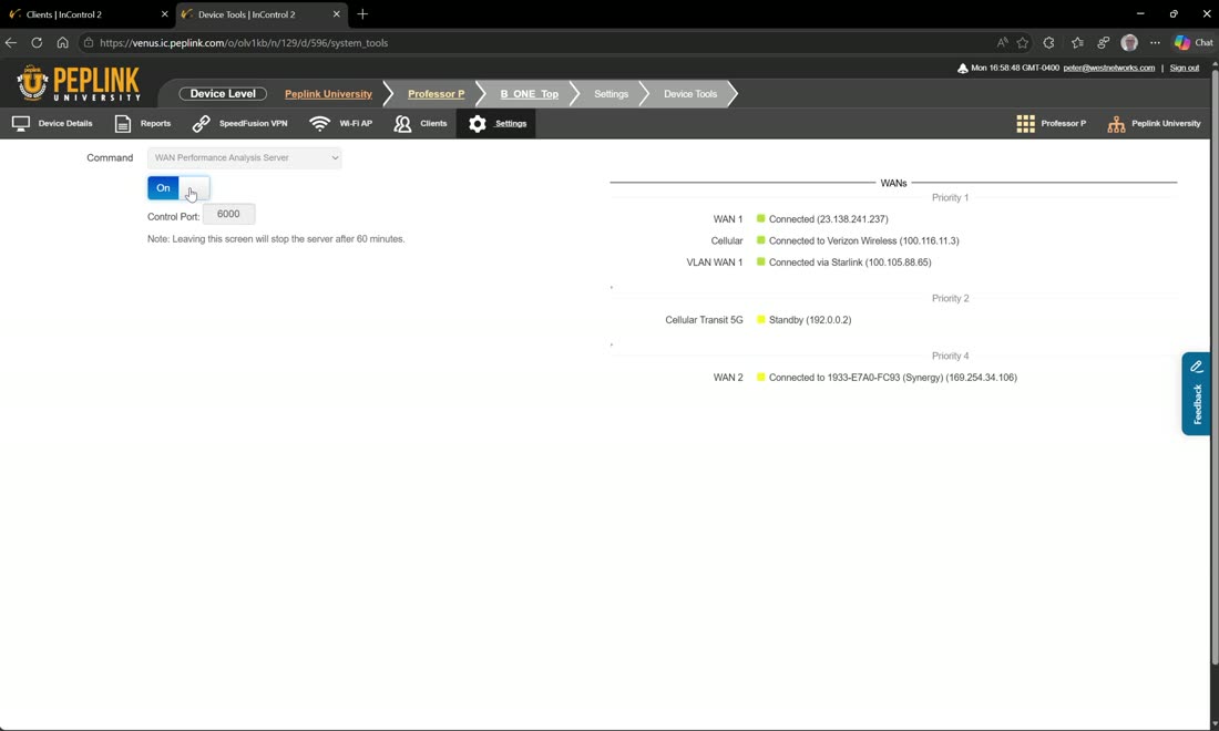 WAN performance analysis server — turn on here, connect from another device as client.