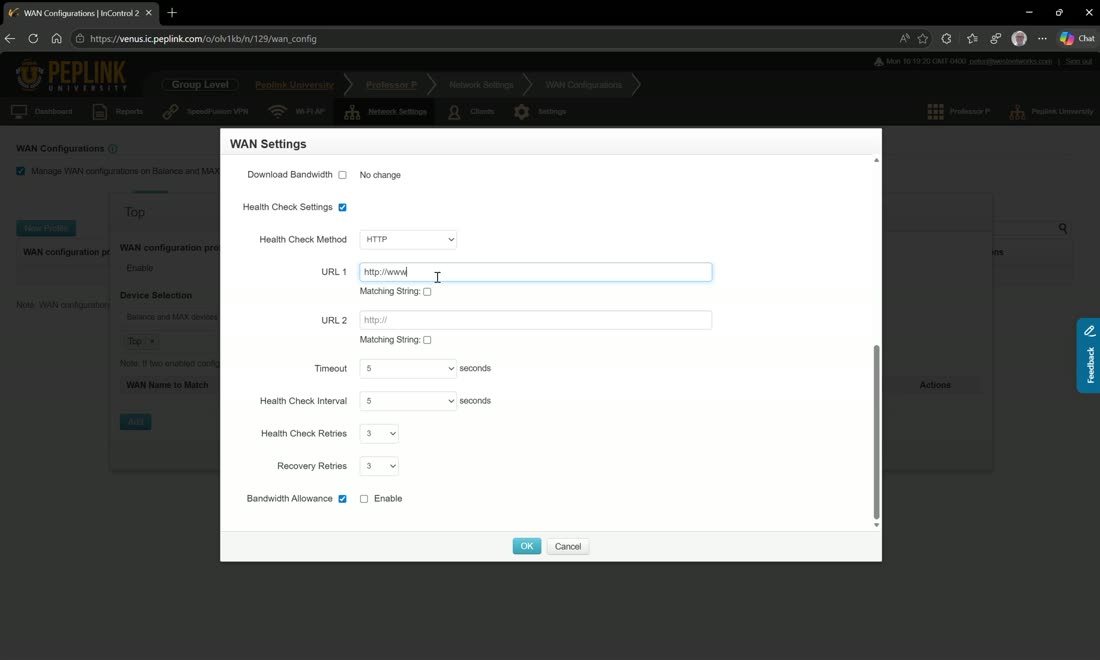 Per-WAN health check (Ping/DNS/HTTP) inside the WAN configuration profile.