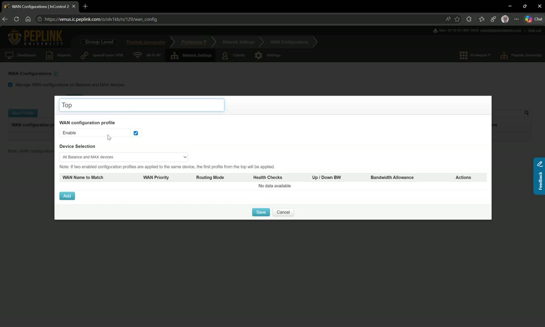WAN configuration profile — assign by tag, set WAN priority, DNS, and health check per named WAN.